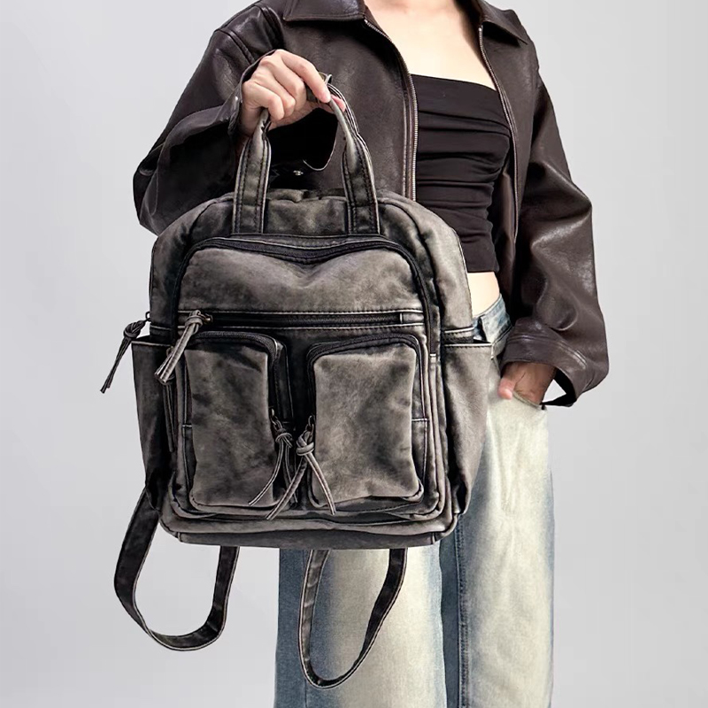 Leather Backpack Vintage - กระเป๋าเป้หนัง PU ล้างนุ่มหรูหรา กระเป๋าสะพายหลังแฟชั่นสำหรับสาวๆ กระเป๋าสะพายมอเตอร์ไซค์สไตล์วินเทจ กระเป๋าเป้หลายช่องสำหรับผู้หญิง
